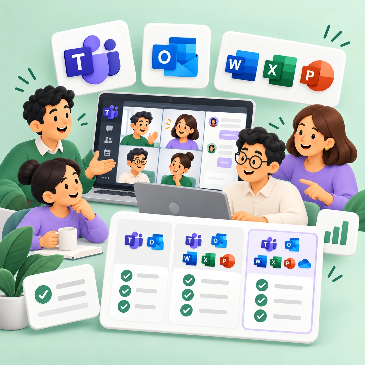 会社でTeamsとOfficeを使うイラスト