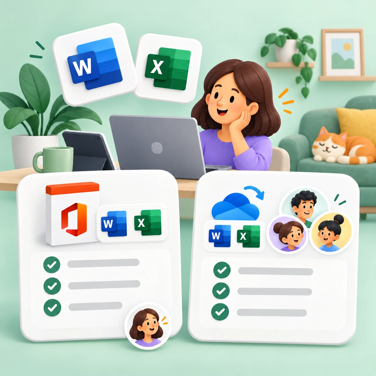 家庭でWord・Excelを使うイラスト